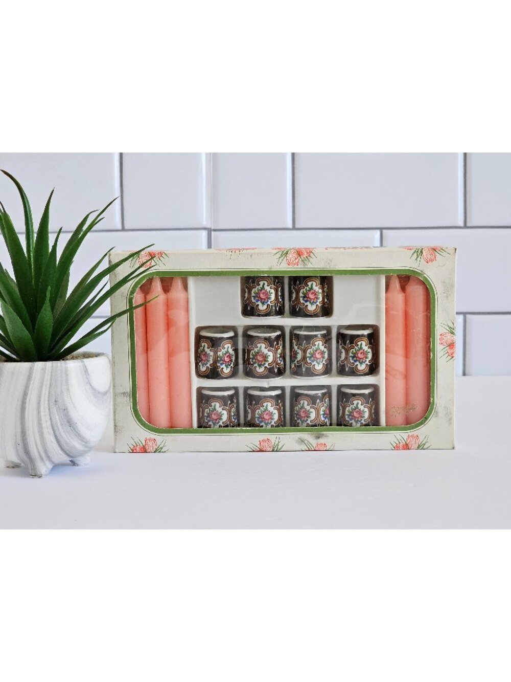 Vintage Stefal Mini Candle Decor Candle Set Ceramic Rose Holders